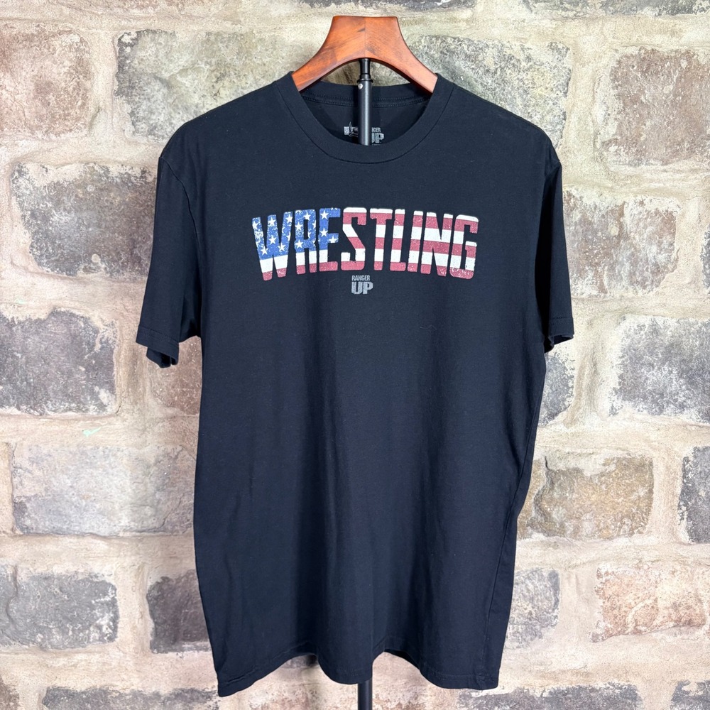 Ranger Up Mens Wrestling American Flag Graphic T-Shirt Black Size M Distressed